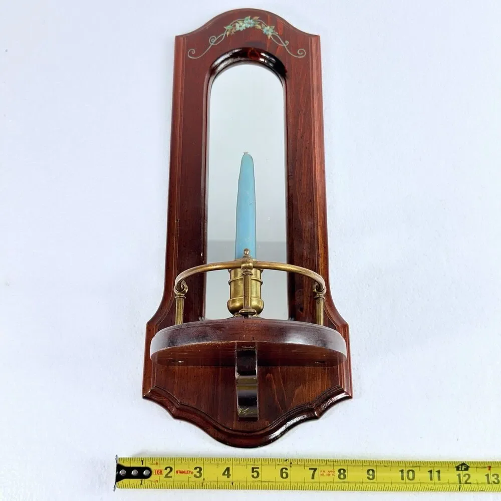 Vintage Cornwall Industries Wood Mirrored Wall Candle Sconce Brass Holder Floral